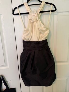 Ivory and Black Halter Mini Dress with Floral Accent